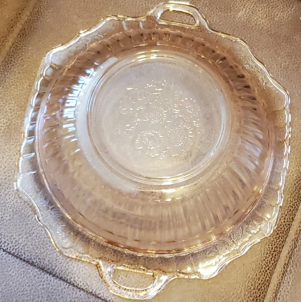 Vintage frosted pink Depression glass square serving bowl with handles